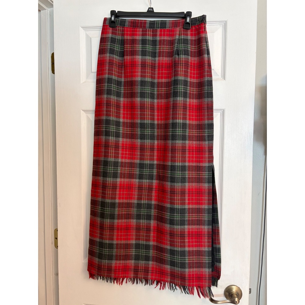Rafaella Wool Maxi Skirt 10 Red Holiday, Tartan, Fringe, Vintage, Preppy, Plaid